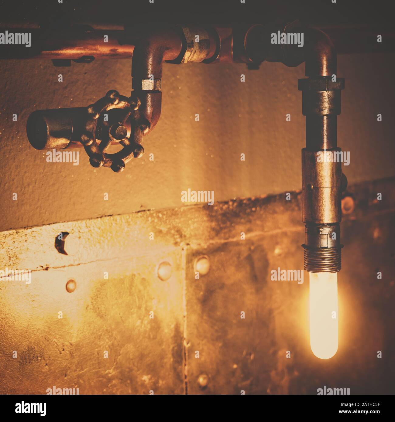 Industrial design lamp with pipes, valves and lightbulb, metallic