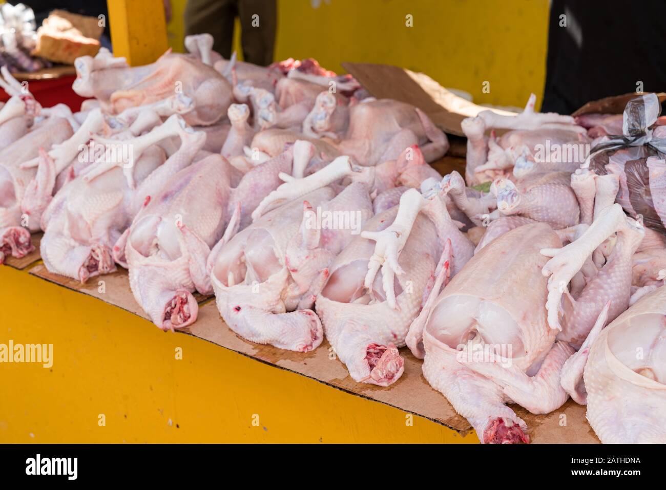 Raw whole chicken sold in local market,Dominican Republic Stock Photo