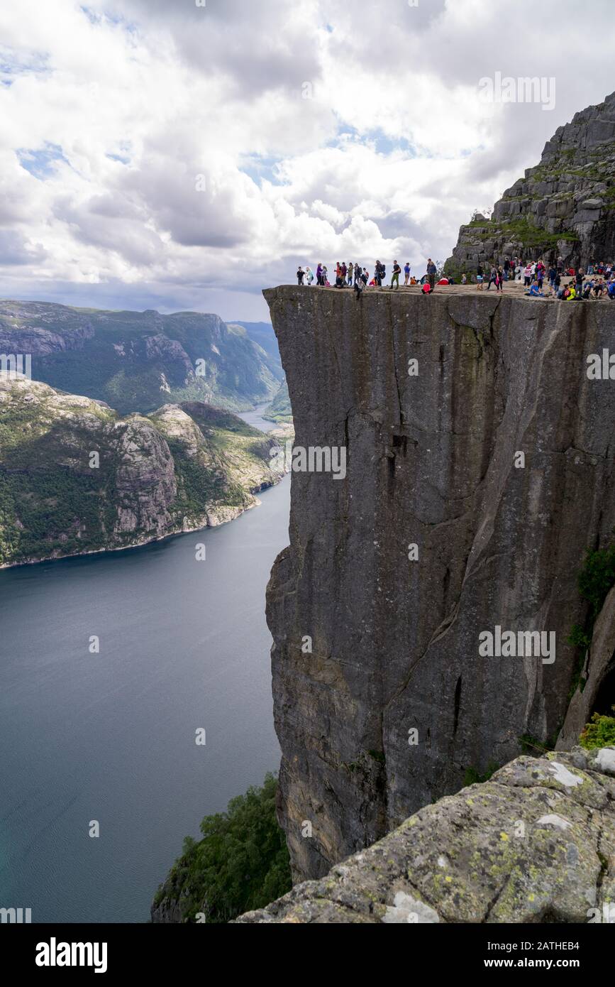 Cliff Preikestolen in fjord Lysefjord - Norway - nature and travel background Stock Photo