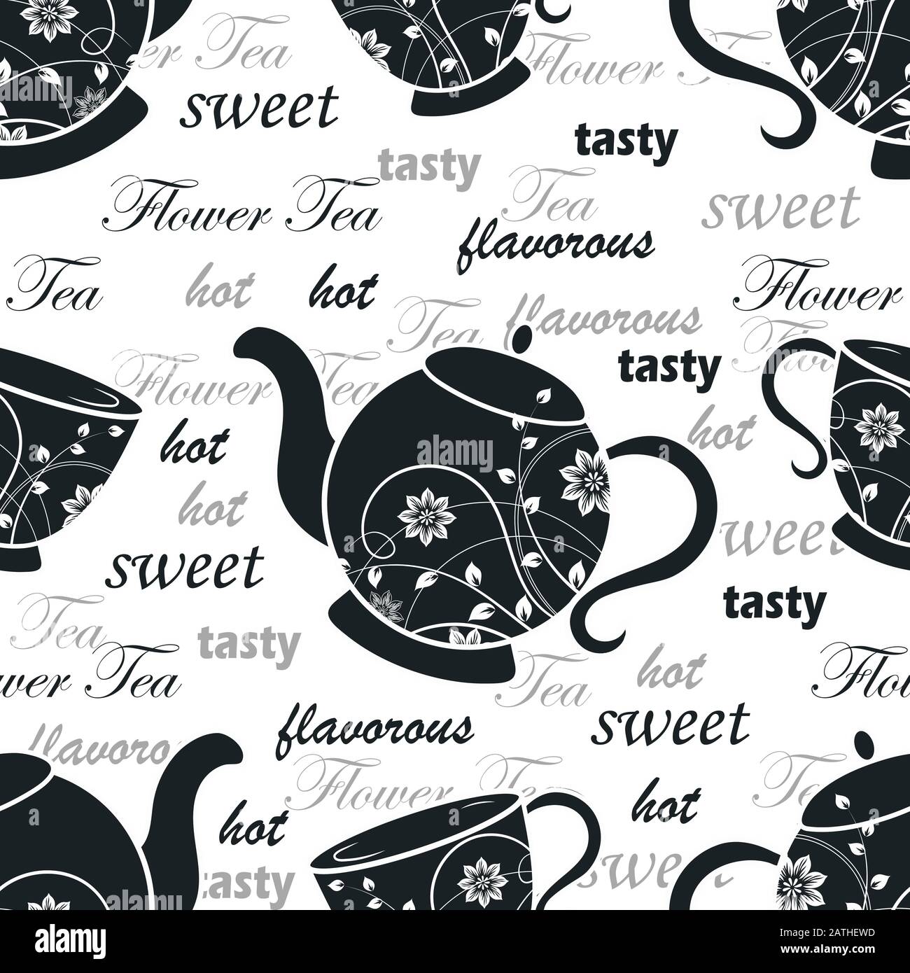 Seamless pattern with teapots and cups with floral design elements. Vector illustration Stock Vector
