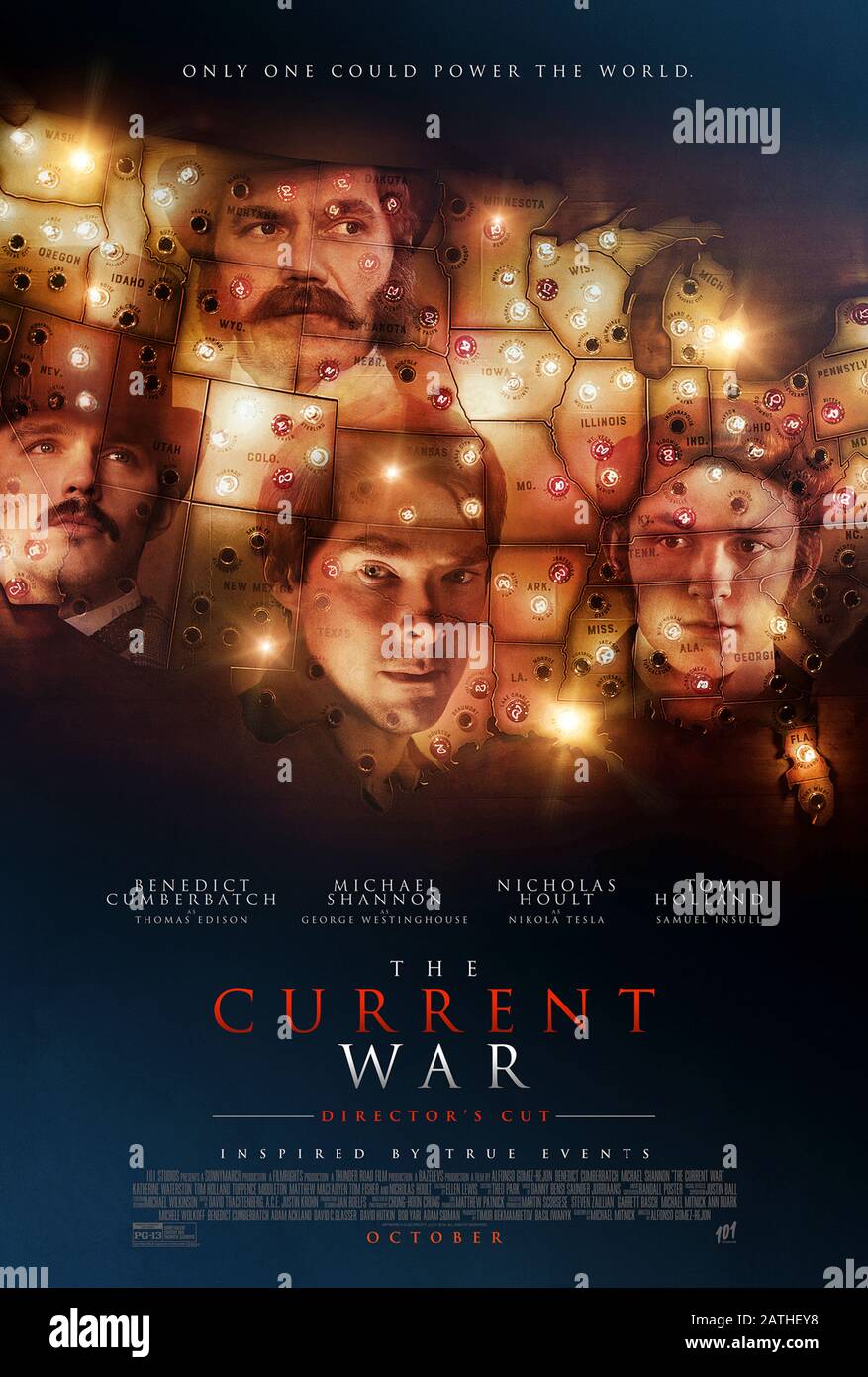 The Current War (2017) directed by Alfonso Gomez-Rejon and starring Benedict Cumberbatch, Tom Holland, Nicholas Hcult and Michael Shannon. Inspired by the rival technologies of Thomas Edison DC electric current and George Westinghouse's AC current and which should be used to electrify America. Stock Photo