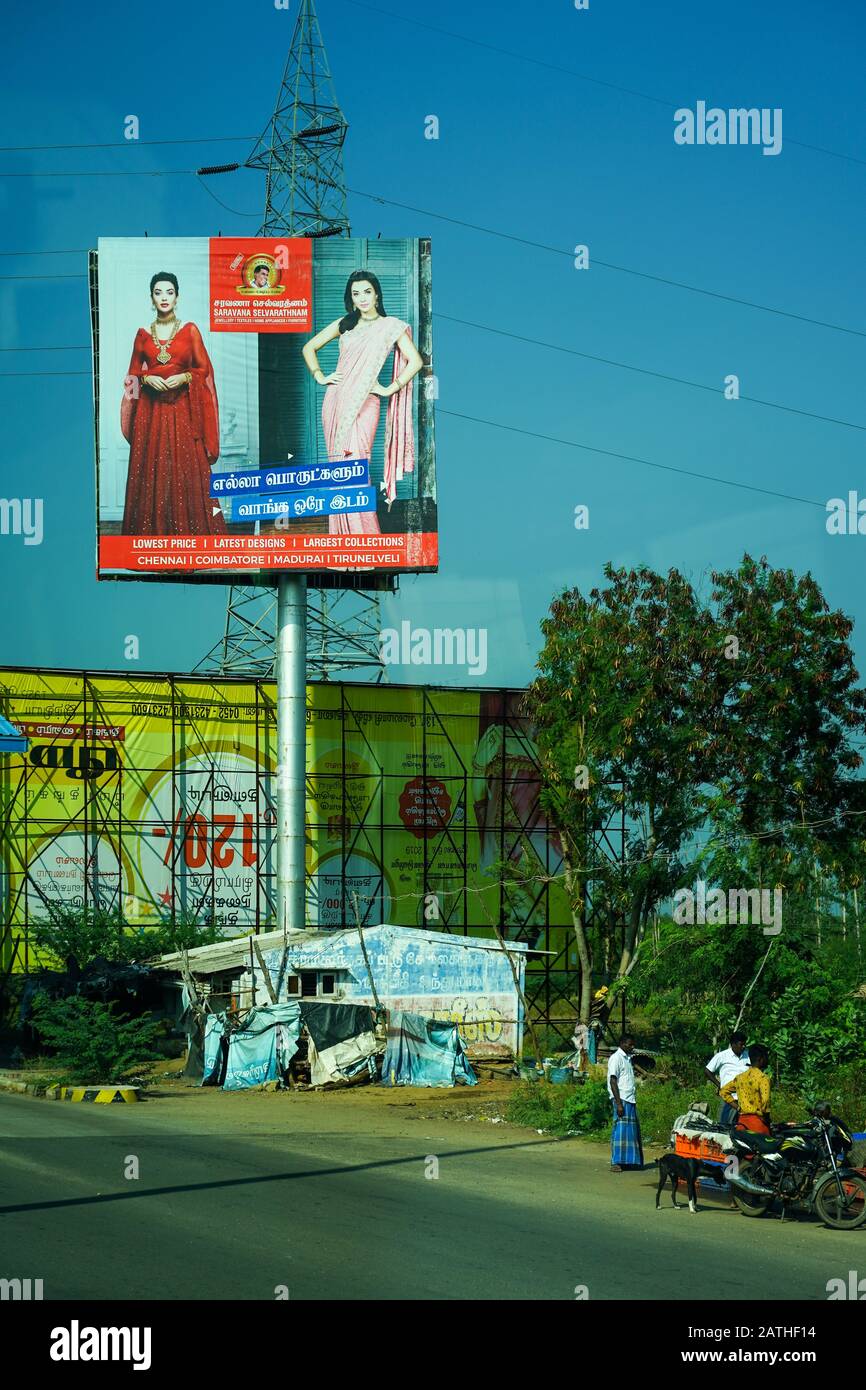 Advertising hoardings in Madurai. From a series of travel photos in South India. Photo date: Sunday, January 12, 2020. Photo: Roger Garfield/Alamy Stock Photo