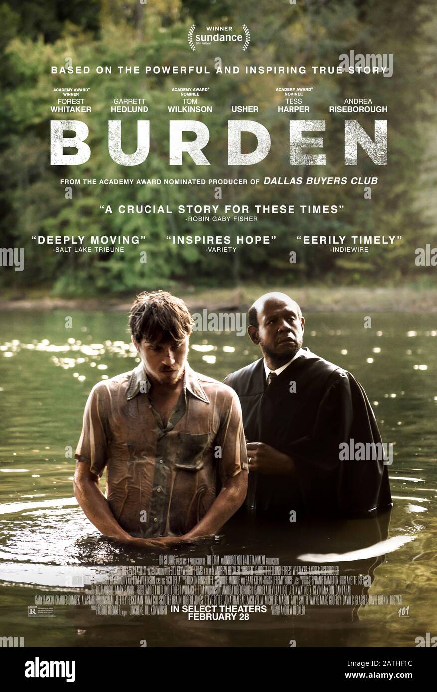 Burden (2018) directed by Andrew Heckler and starring Forest Whitaker, Andrea Riseborough, Garrett Hedlund and Crystal Fox. A local preacher tries to persuade the KKK to abandon its racist past. Stock Photo