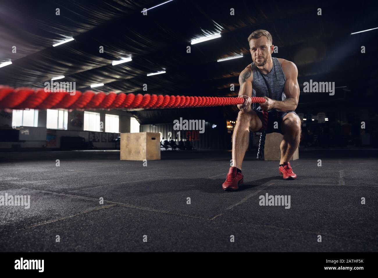 Practicing Hard Young healthy man, athlete doing exercise with the ropes in gym. Single ...