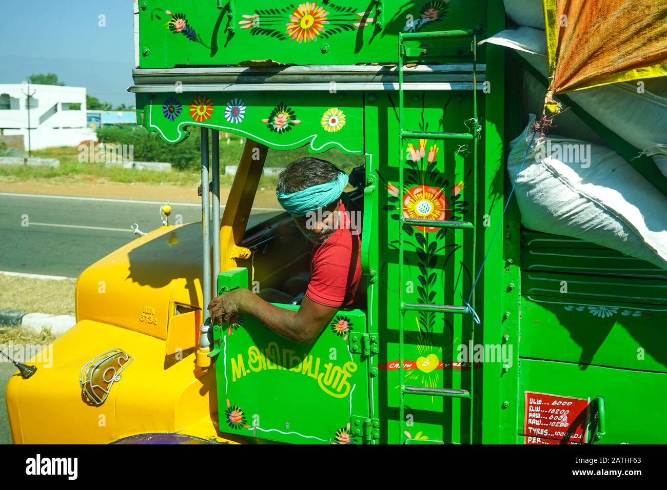 A man in a lorry in Kerala. From a series of travel photos in Kerala, South India. Photo date: Sunday, January 12, 2020. Photo: Roger Garfield/Alamy Stock Photo