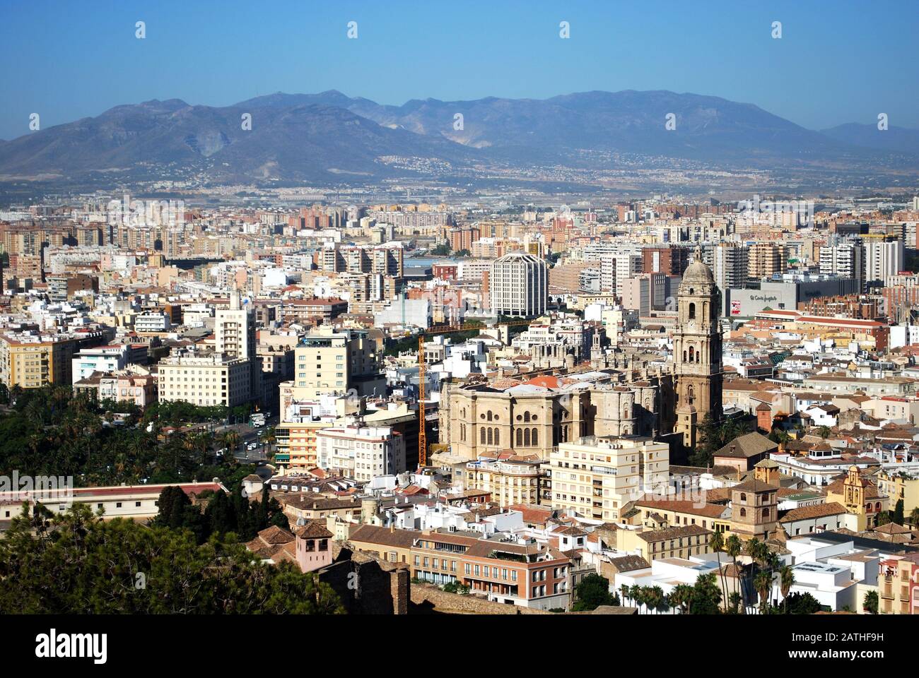 Elevated view of the harbour and city seen from the castle, Malaga, Malaga Province, Andalucia, Spain, Western Europe. Stock Photo