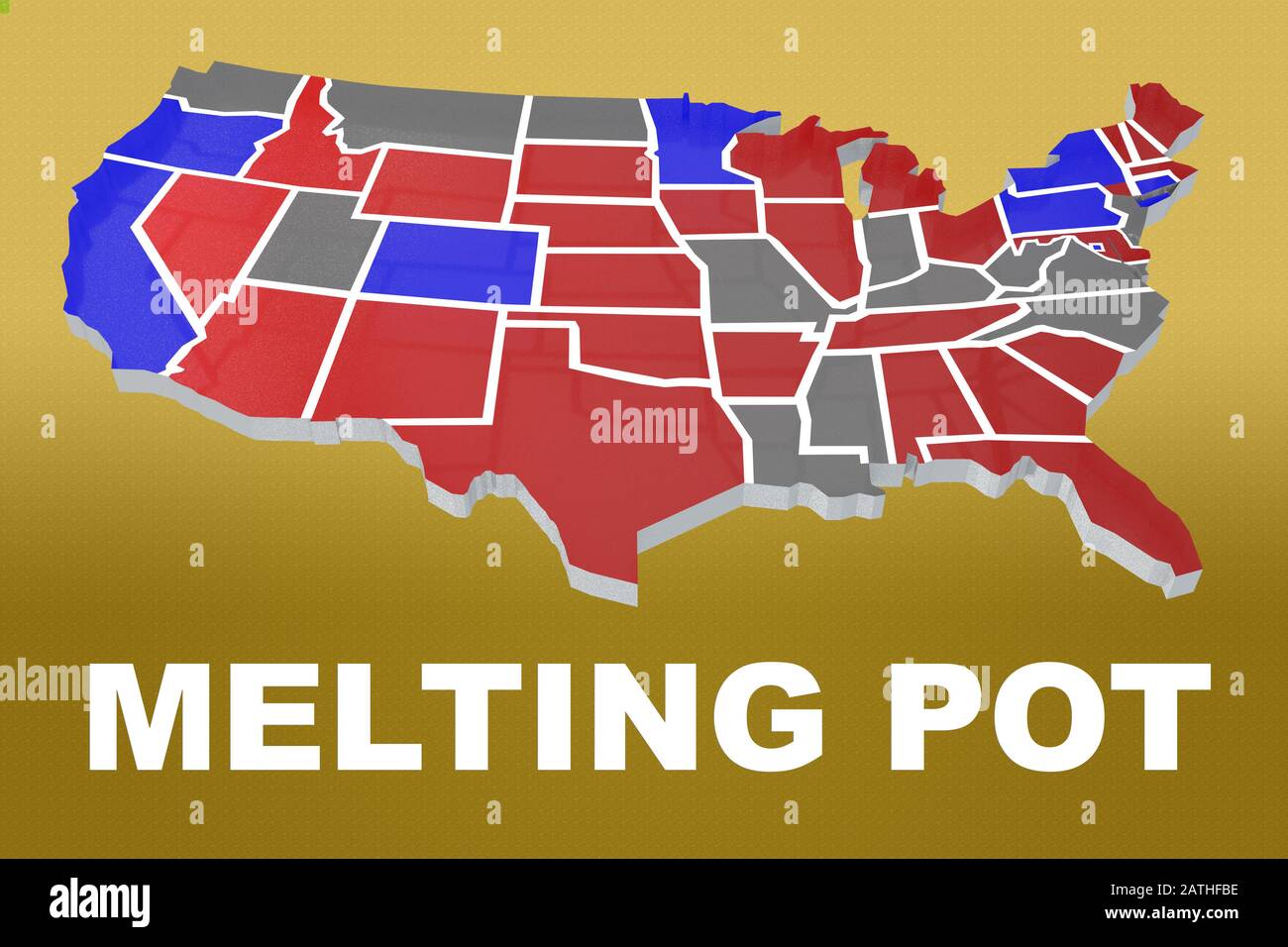 3D illustration of MELTING POT script under an embossment of the United