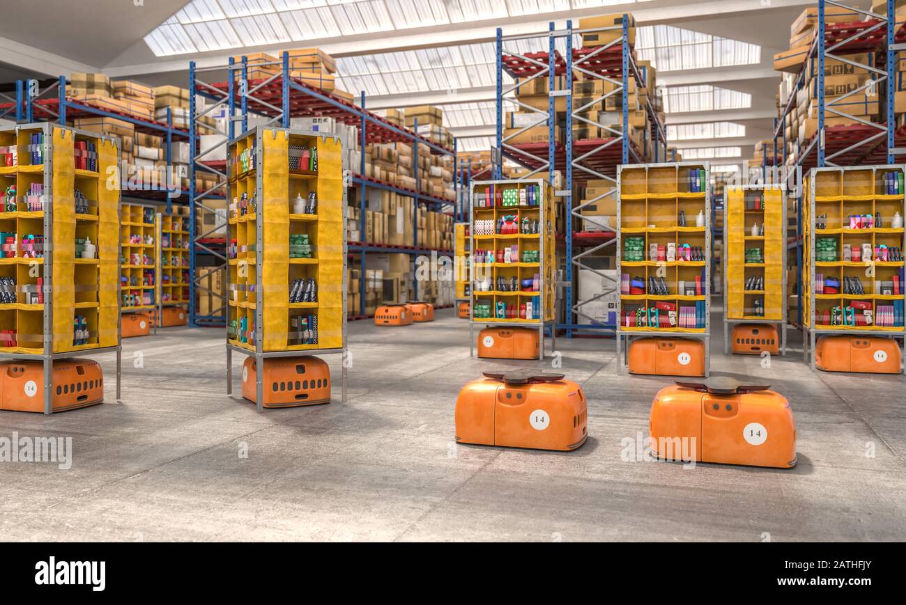 interior of a factory with drones used to transport goods to facilitate and speed up the company's logistics. 3d render image, concept of modernity an Stock Photo