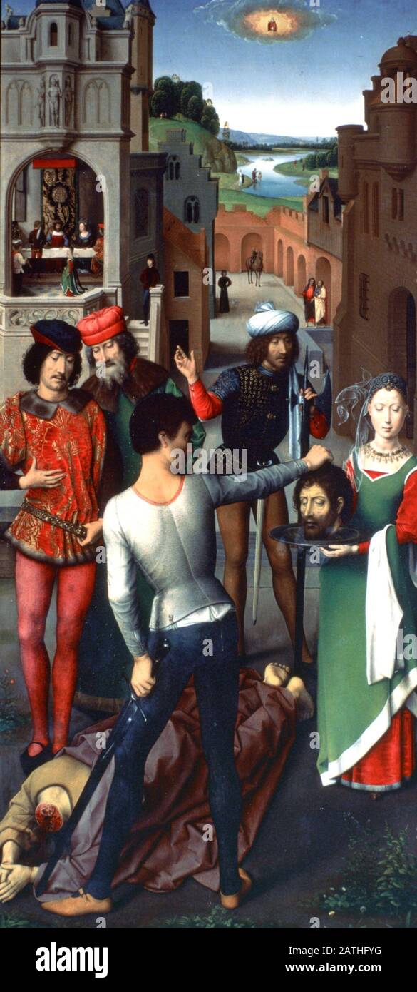 Triptych of St John the Baptist and St John the Evangelist, 1479. Located in the collection at, Hospital Saint Jean, Bruges. Stock Photo