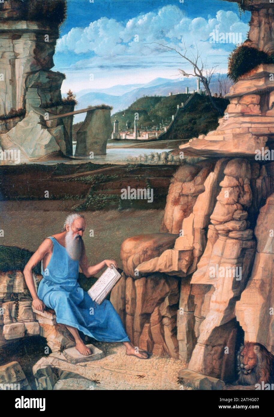 Giovanni Bellini Italian school Saint Jerome reading in a Landscape About 1480-1485 Oil on panel (46.8 x 33.8 cm) London, National Gallery Stock Photo