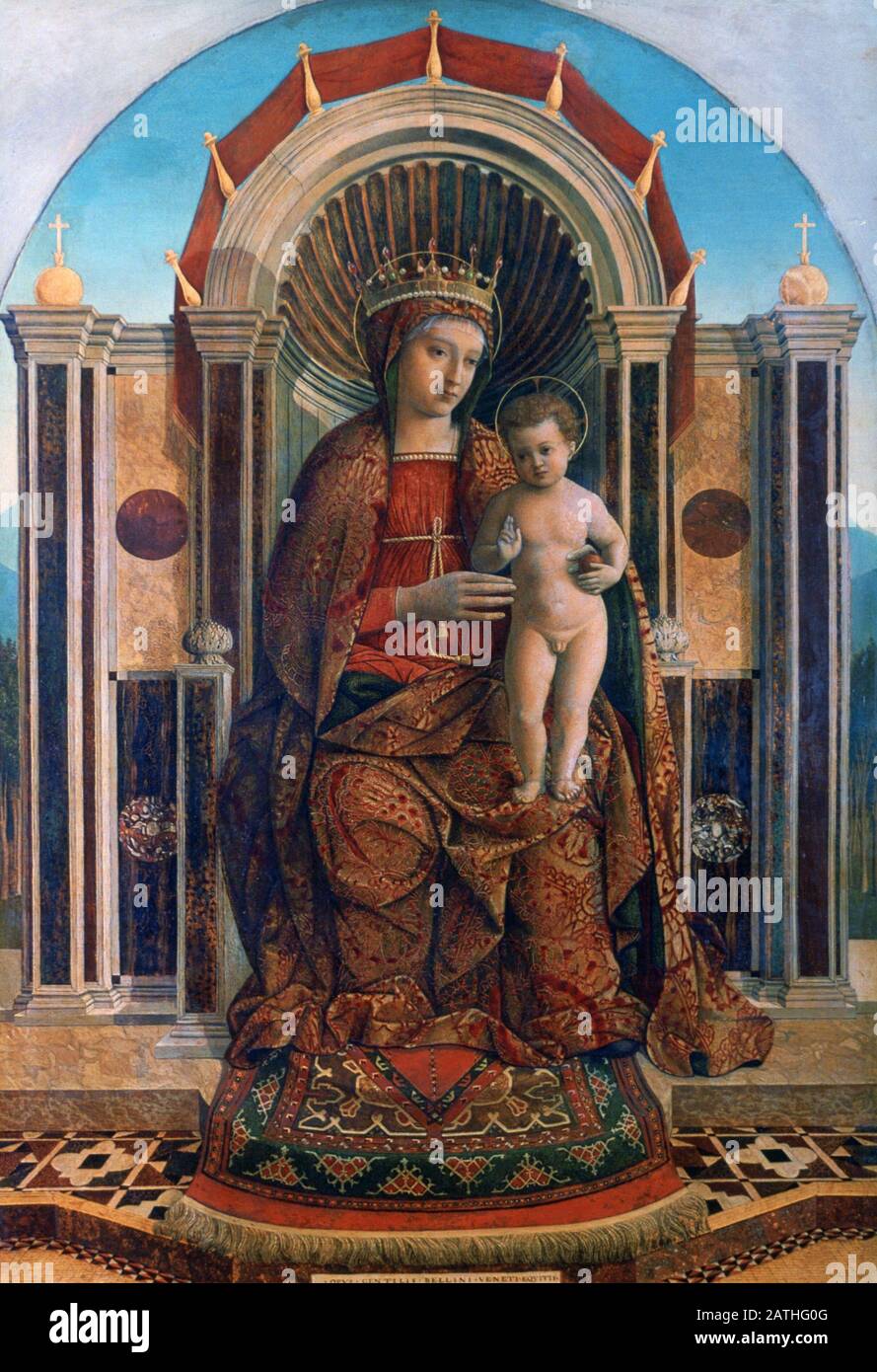 Giovanni Bellini Italian school The Virgin and Child Enthroned About 1475-1485 Oil on wood (121.9 x 82.6 cm) London, National Gallery Stock Photo