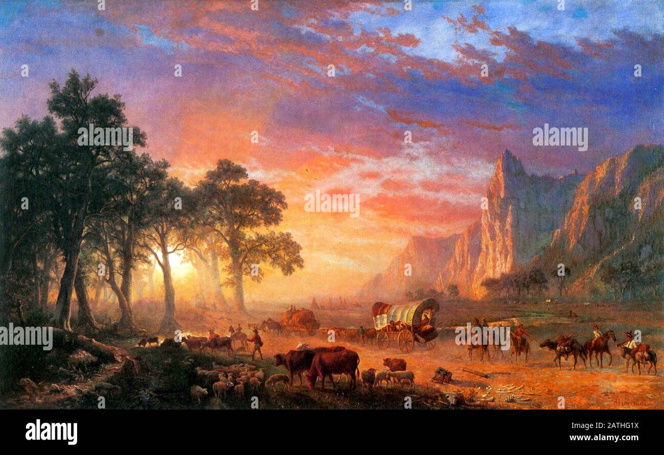 Albert Bierstadt (1830 . 1902) German-American painter and a leading artist within the Hudson River School of American landscape painters.  Emigrants Crossing the Plains or The Oregon Trail 1869 Oil on canvas (78.7 x 124.4 cm) Youngstown, Butler Institute of American Art Stock Photo