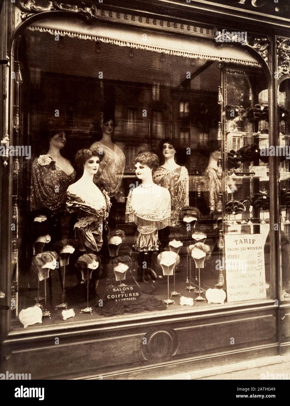 Eugene Atget Paris hairdresser shop located boulevard de Strasbourg. 1912 Albumen print after glass-plate negative (17.6 x 22.9 cm) Private collection Stock Photo