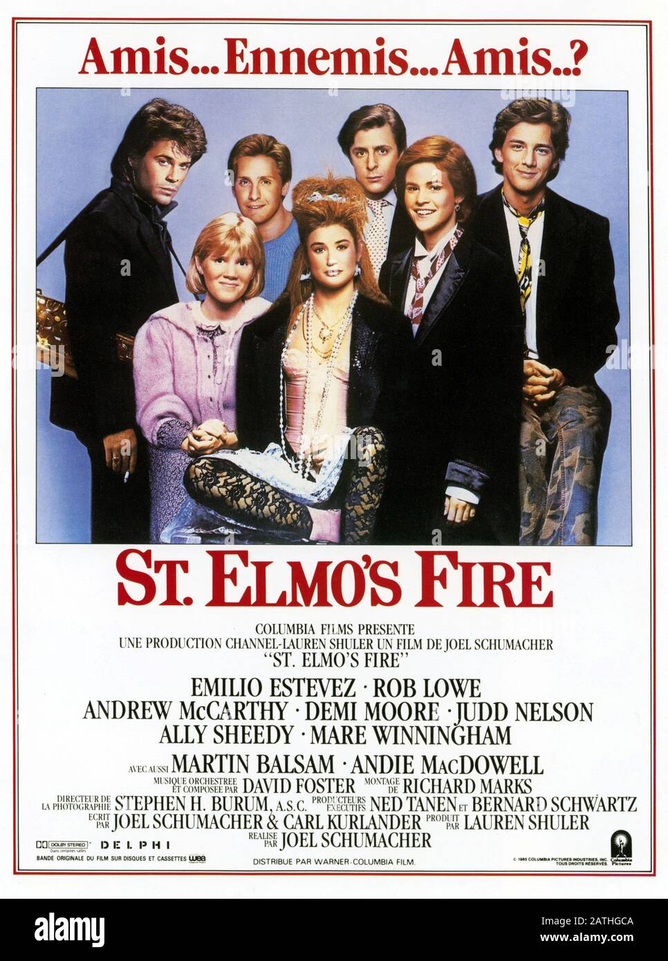 St Elmos Fire St. Elmo's Fire  Year : 1985 USA Director : Joel Schumacher Demi Moore, Rob Lowe, Emilio Estevez, Judd Nelson, Ally Sheedy, Mare Winningham, Andrew McCarthy Poster (Fr) Stock Photo