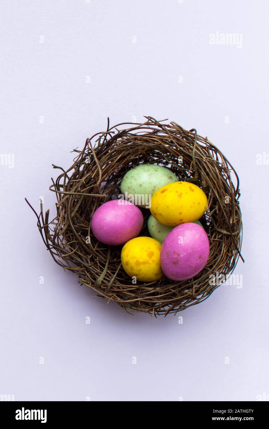 Easter Eggs in a nest with a colourful background Stock Photo - Alamy