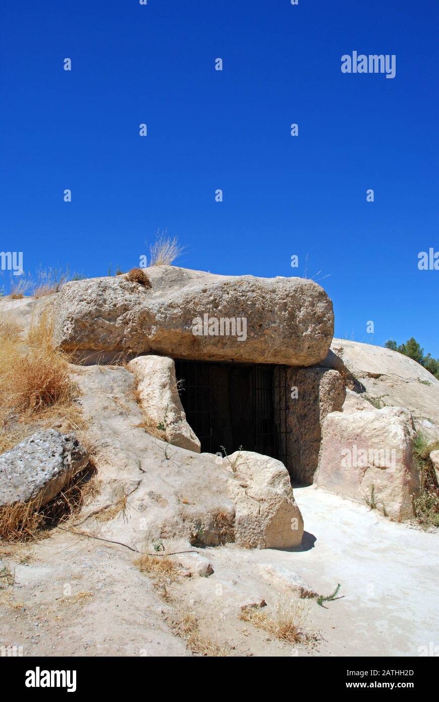 Entrance to the Dolmen de Menga, The Dolmens, Antequera, Malaga Province, Andalucia, Spain. Stock Photo