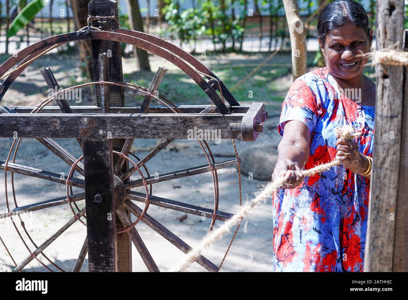 Locals demonstrating the making of rope from coconut hair. From a series of travel photos in Kerala, South India. Photo date: Friday, January 17, 2020 Stock Photo