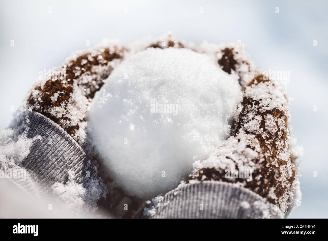 Icy and snowy Gloves holding a white snowball, concept winter season and snow, closeup Stock Photo