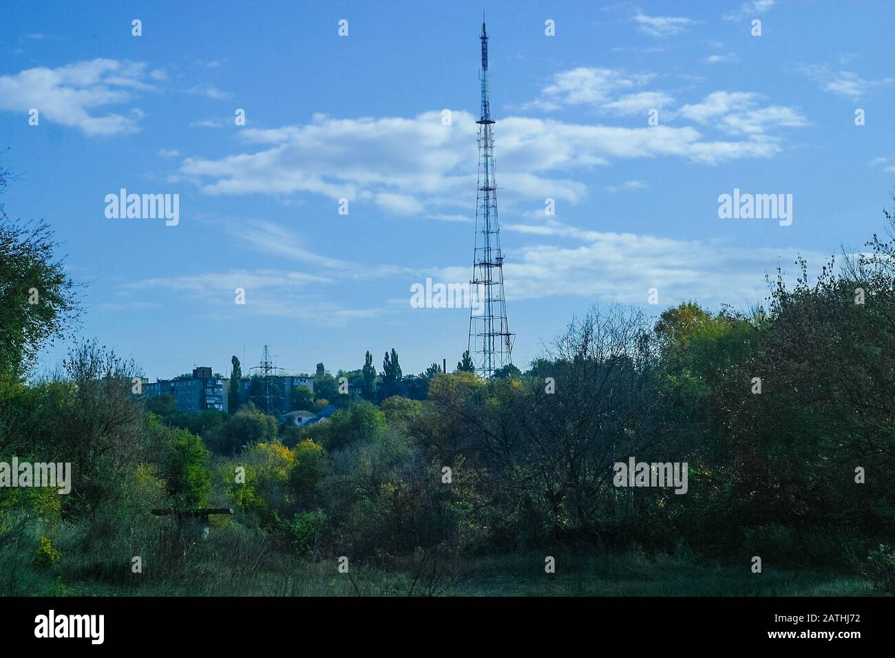 Television tower construction to transmit signals TV Stock Photo