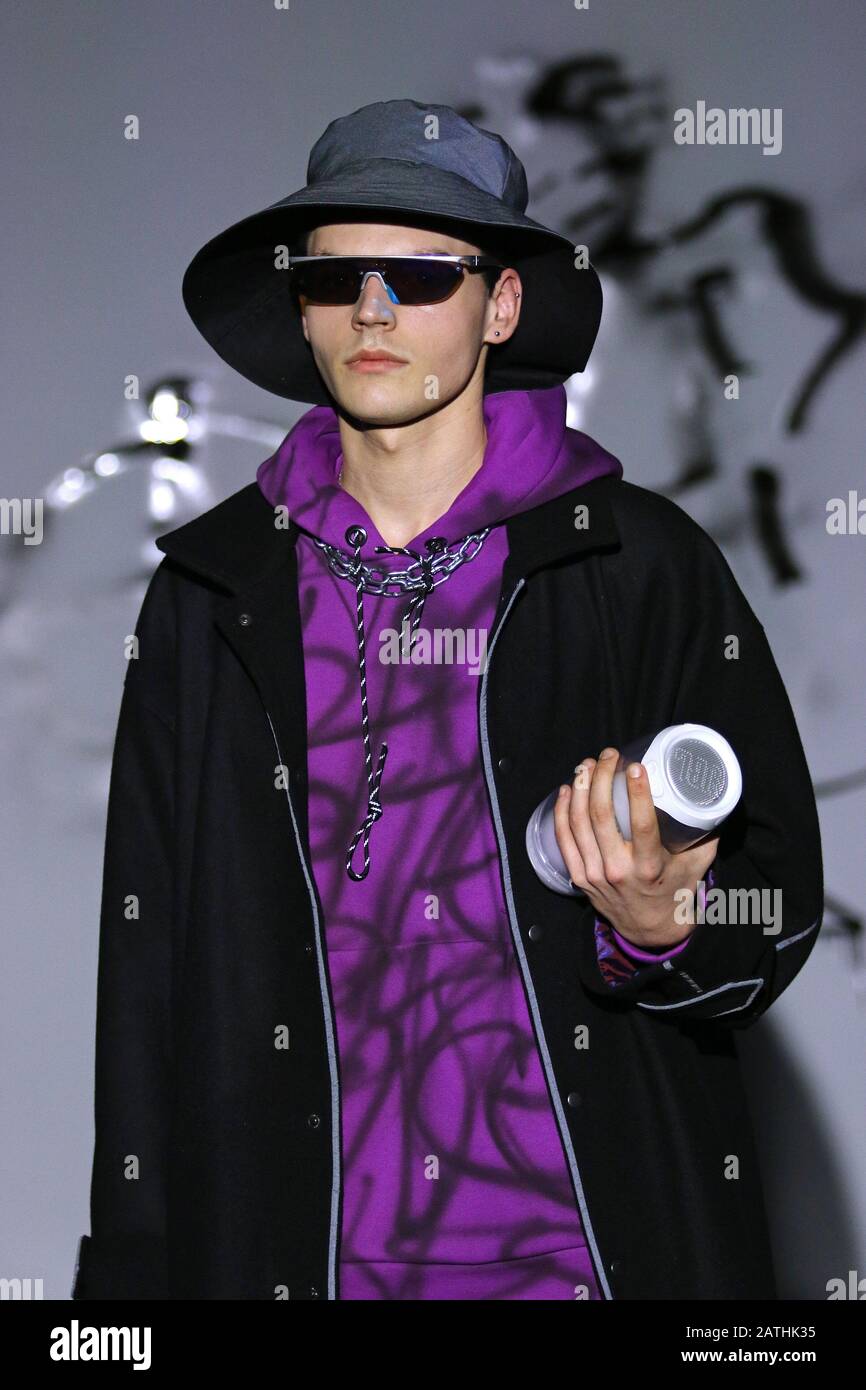 Kyiv, Ukraine. 2nd February, 2020: Model presents a collection of clothes by designer ROUSSIN during the 46th Ukrainian Fashion Week season Fall/Winter 2020/21 at Mystetskyi Arsenal in Kyiv. Credit: Oleksandr Prykhodko/Alamy Live News Stock Photo