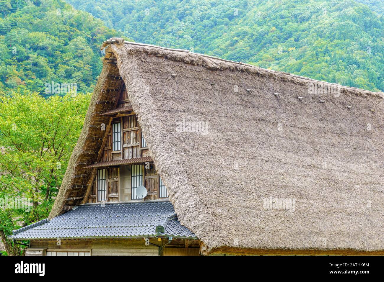 Roof of a gassho-zukuri farmhouse, in Suganuma village, Gokayama, Nanto, Japan Stock Photo