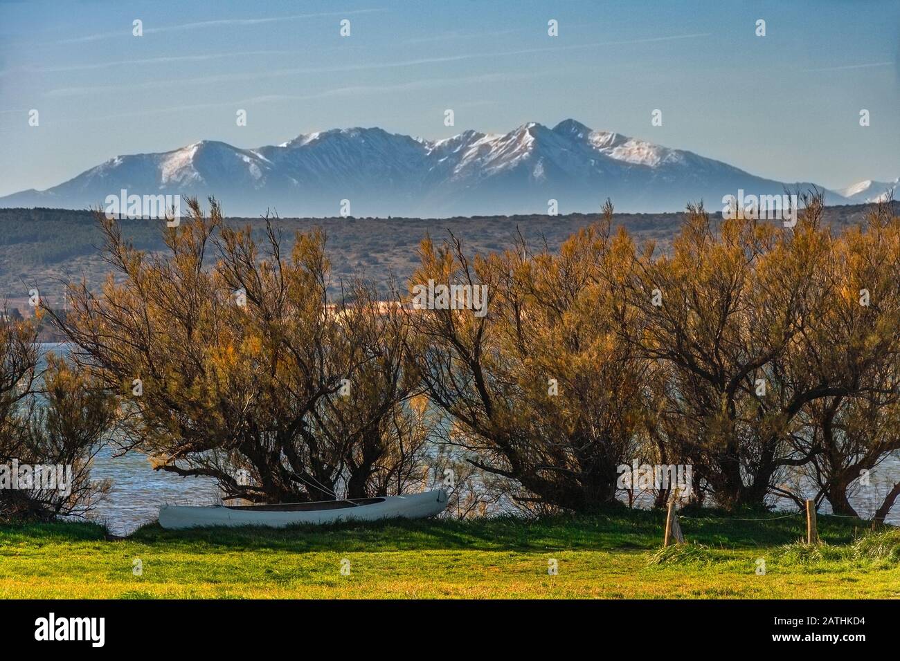 Leucate pond with Pic du Canigou in background Stock Photo