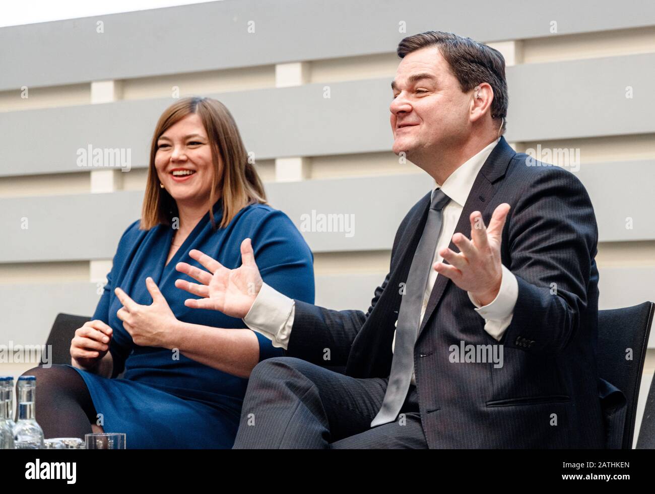 21 January 2020, Hamburg: Katharina Fegebank (Bündnis90/DieGrünen), Deputy Mayor, and Marcus Weinberg (CDU), top candidate for the 2020 elections, are sitting on the panel during a panel discussion on the citizenship election. Photo: Markus Scholz/dpa Stock Photo
