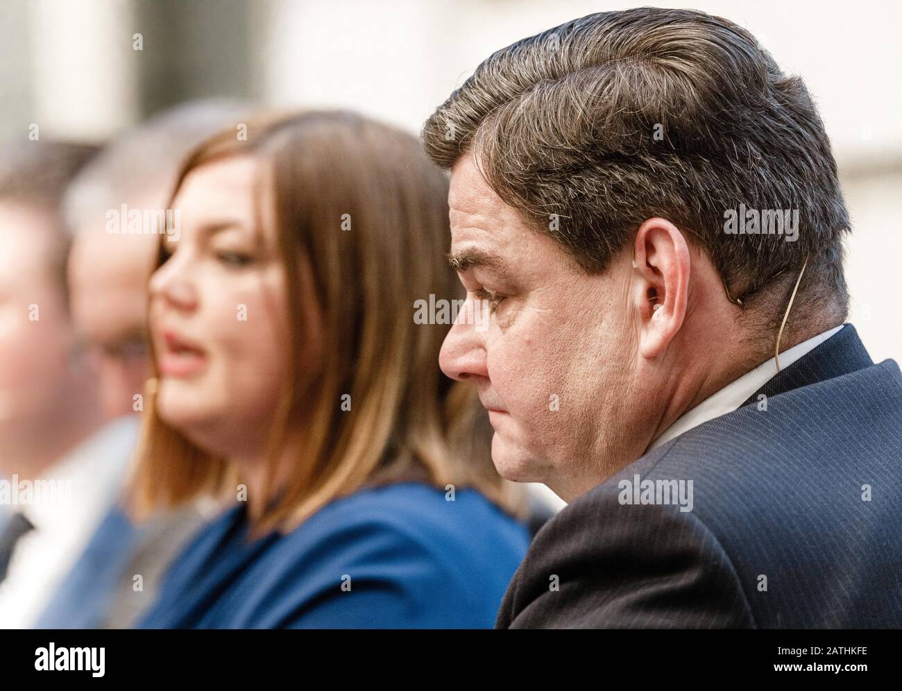 21 January 2020, Hamburg: Katharina Fegebank (Bündnis90/DieGrünen), Deputy Mayor, and Marcus Weinberg (CDU), top candidate for the 2020 elections, are sitting on the panel during a panel discussion on the citizenship election. Photo: Markus Scholz/dpa Stock Photo