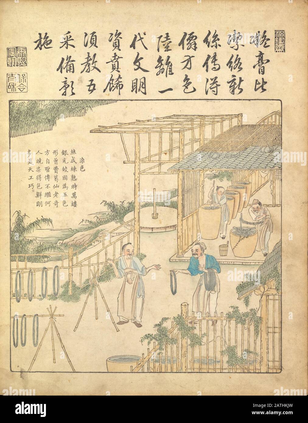 Ancient 17th century Chinese art Silk production Warping and weaving silk From Yu zhi geng zhi tu by Jiao, Bingzhen, 1696 Stock Photo