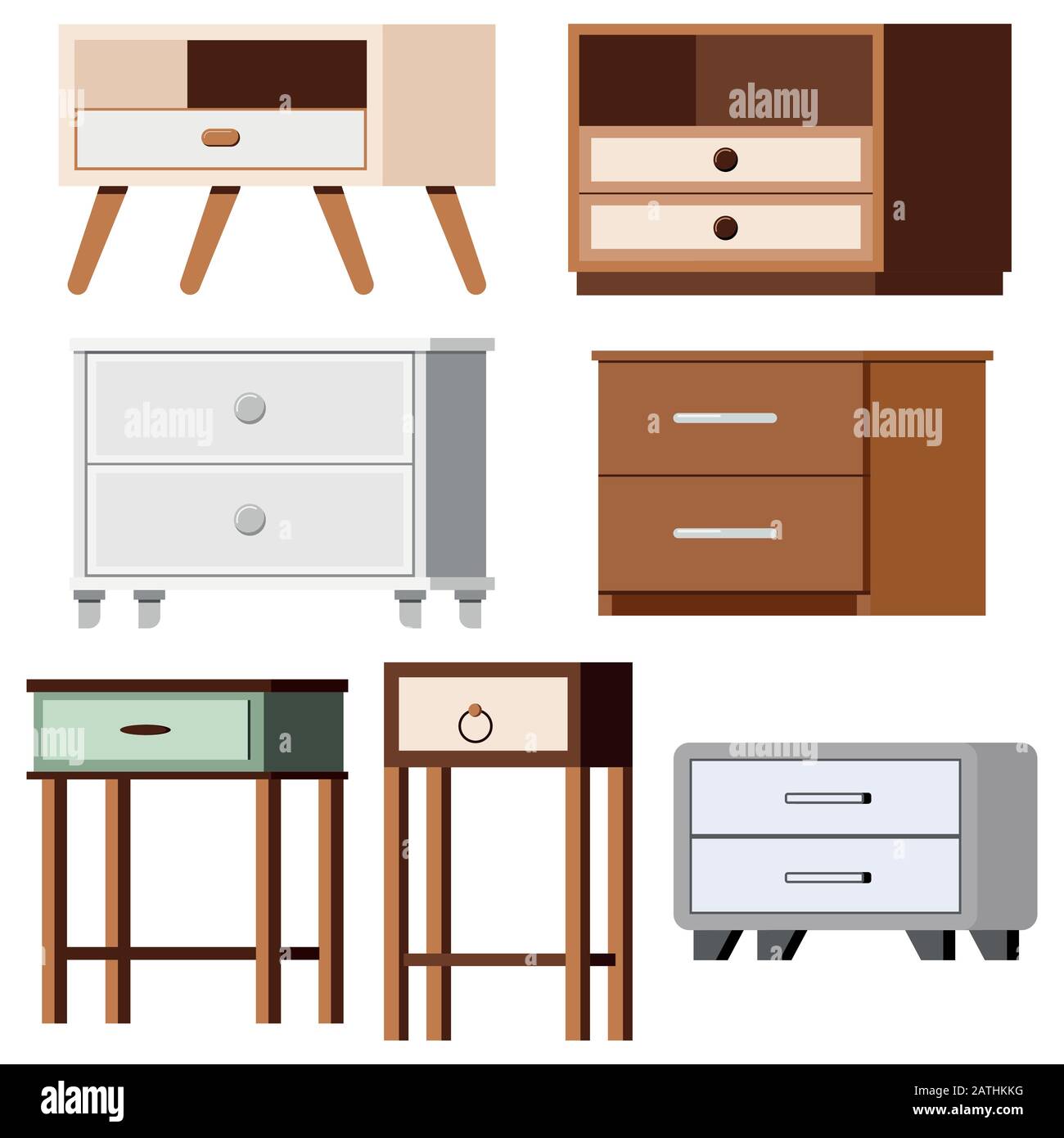 Nightstand bedside icons set isolated on white background. Stock Vector