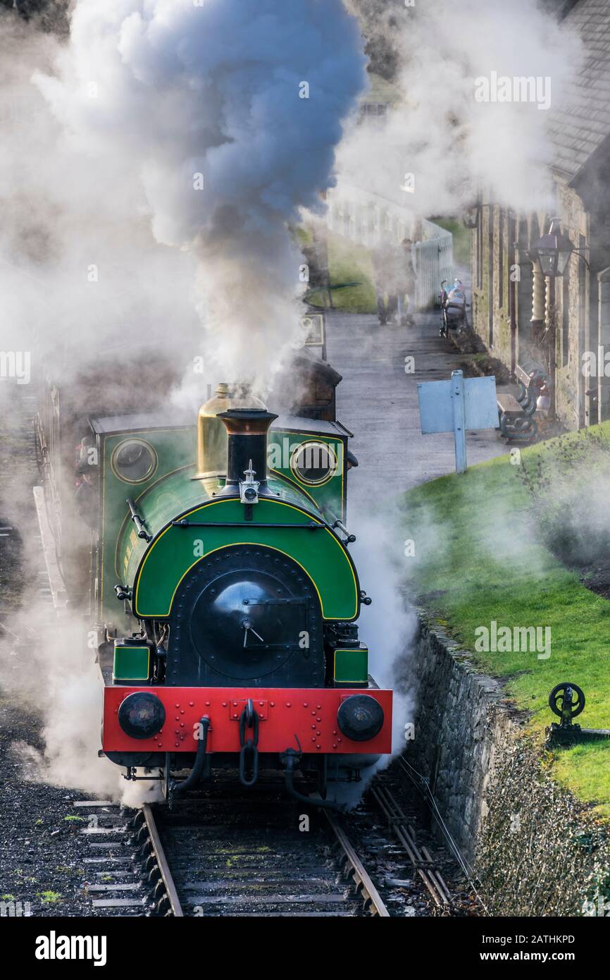 Steam train leaving Rowley Station at Beamish Open Air Musuem, County Durham, England Stock Photo