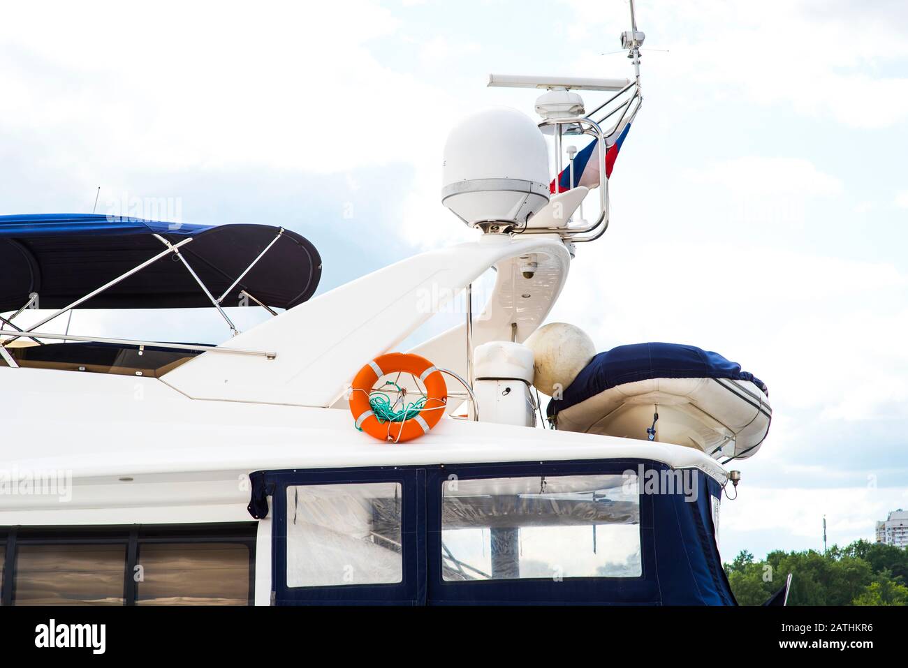 Close details of radar navigation system and communication tower on a