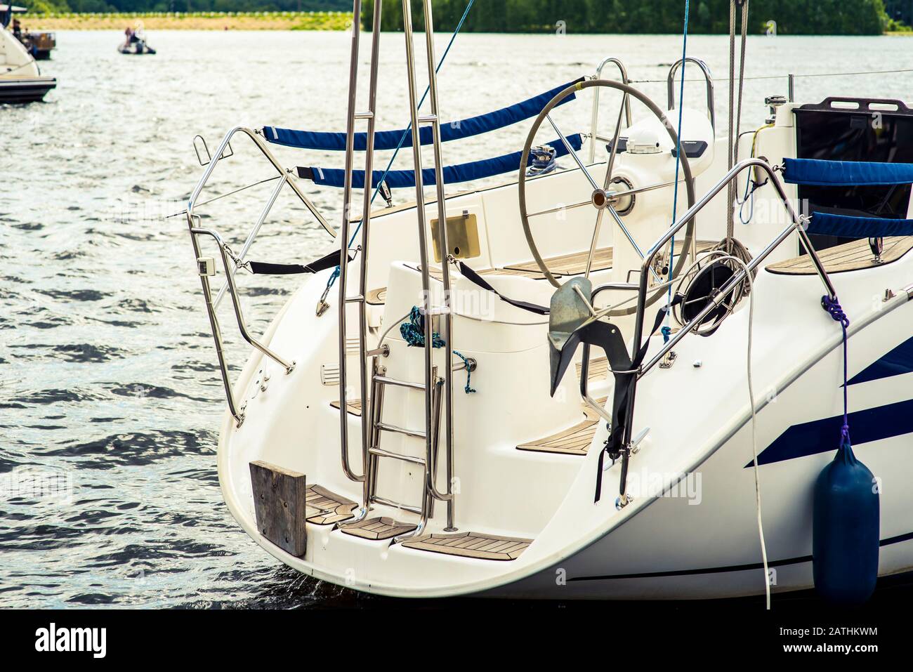 steering wheel on a luxury yacht cabin Stock Photo Alamy