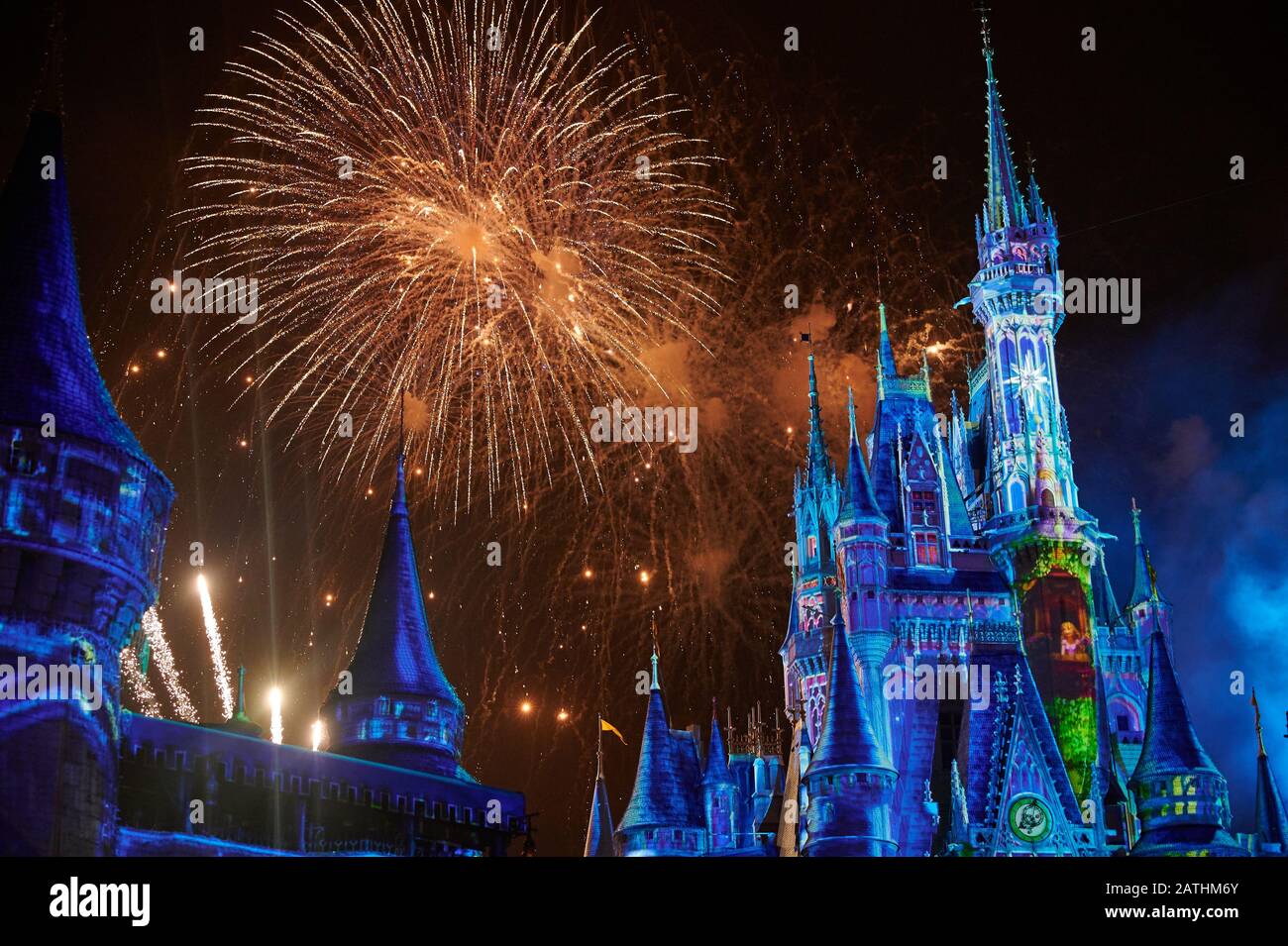 Orlando, USA - january 19, 2020: Colorful disney firework at magic Kingdomcastle park Stock Photo