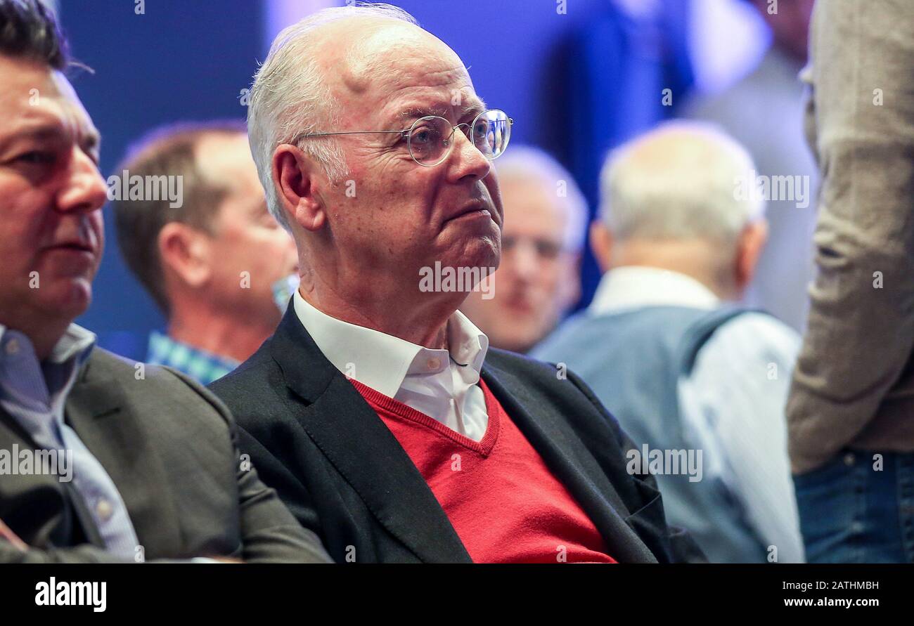 Berlin, Germany. 03rd Feb, 2020. Rudolf Scharping, President of the German Cyclists' Federation (Bund Deutscher Radfahrer e.V.), sits at the press conference for the UCI Track Cycling World Championship 2020 in Berlin. From 26.01. to 01.03. about 400 athletes from almost 50 nations have the chance to win one of 20 world champion titles. Credit: Andreas Gora/dpa/Alamy Live News Stock Photo