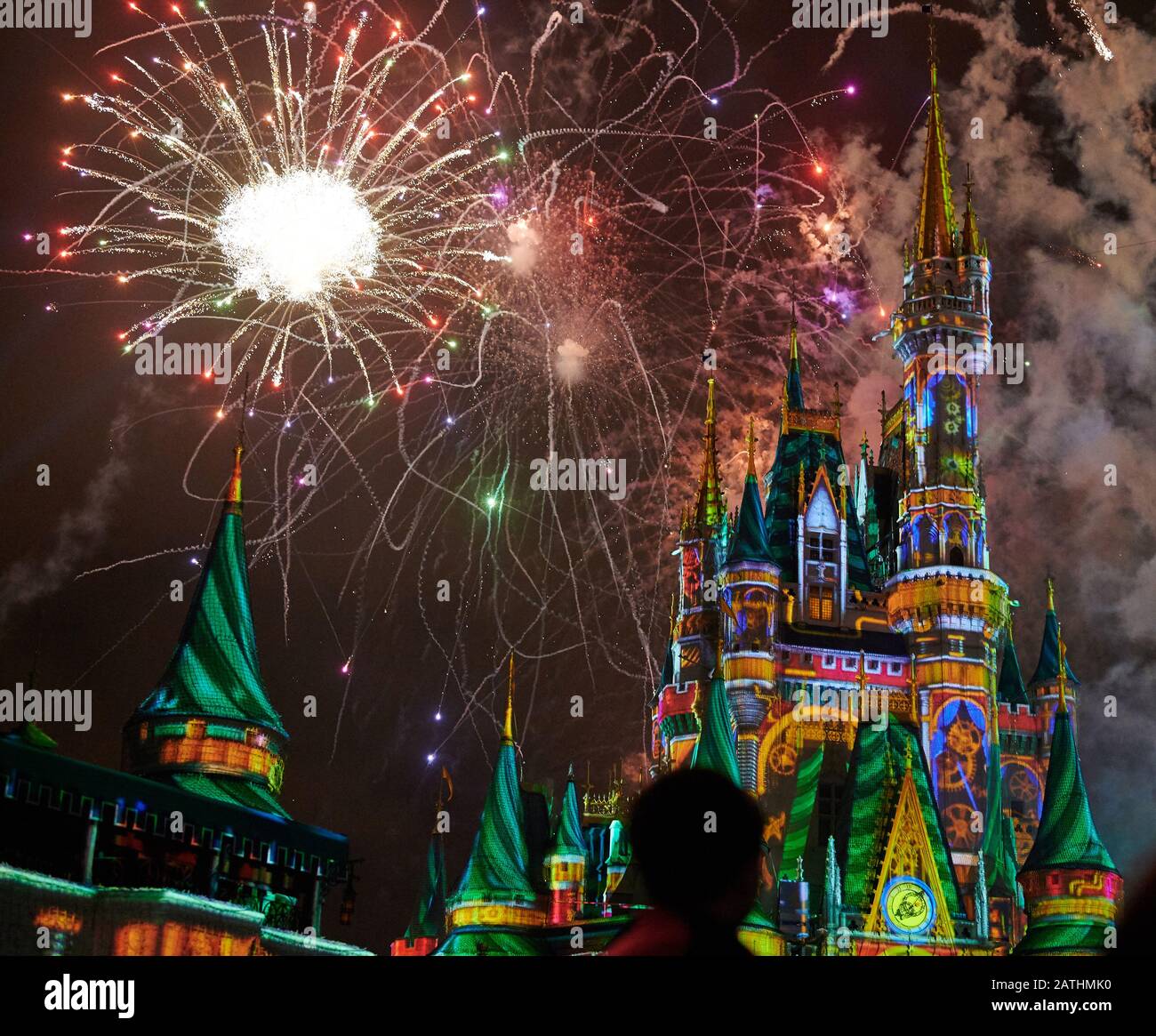 Orlando, USA - january 19, 2020: Amazing castle at disney park with colorful fireworks at night Stock Photo