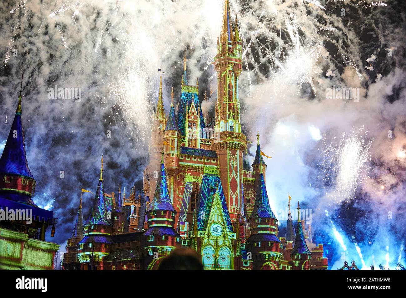 Orlando, USA - january 19, 2020: People watch firework at magic kingdom amusement park Stock Photo