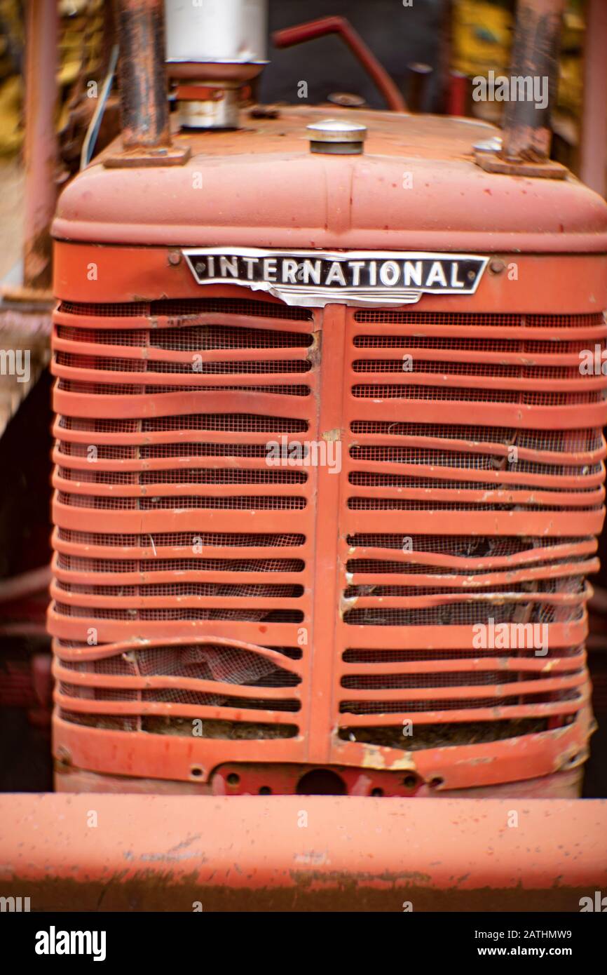 An old, red 1948 INnternational TD9 gas powered bulldozer in a wooded area in Noxon, Montana.  Manufacturer:International Harvester Factory:Chicago, Stock Photo