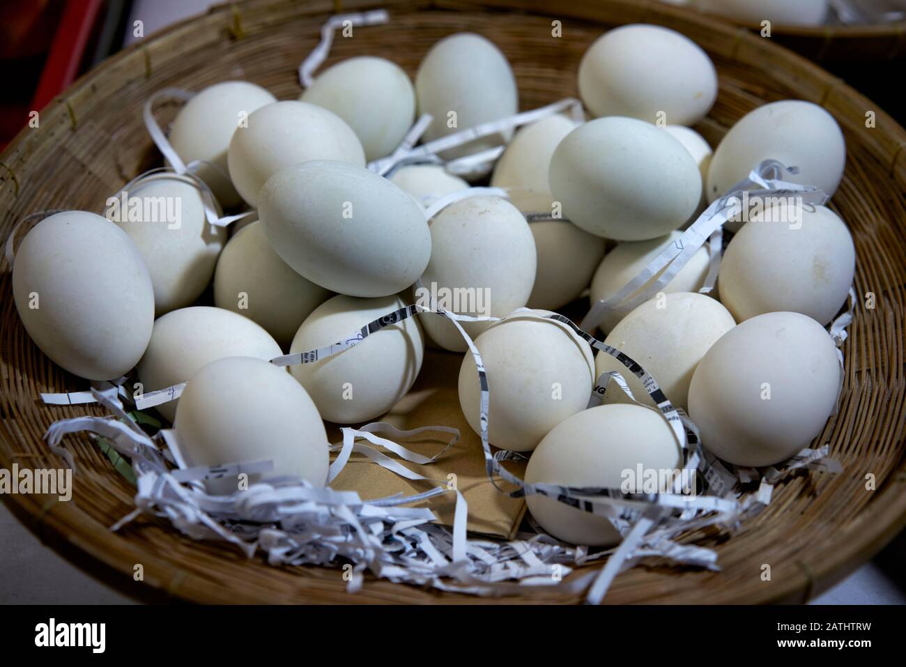 Basket of eggs, White chicken eggs, Stock Photo