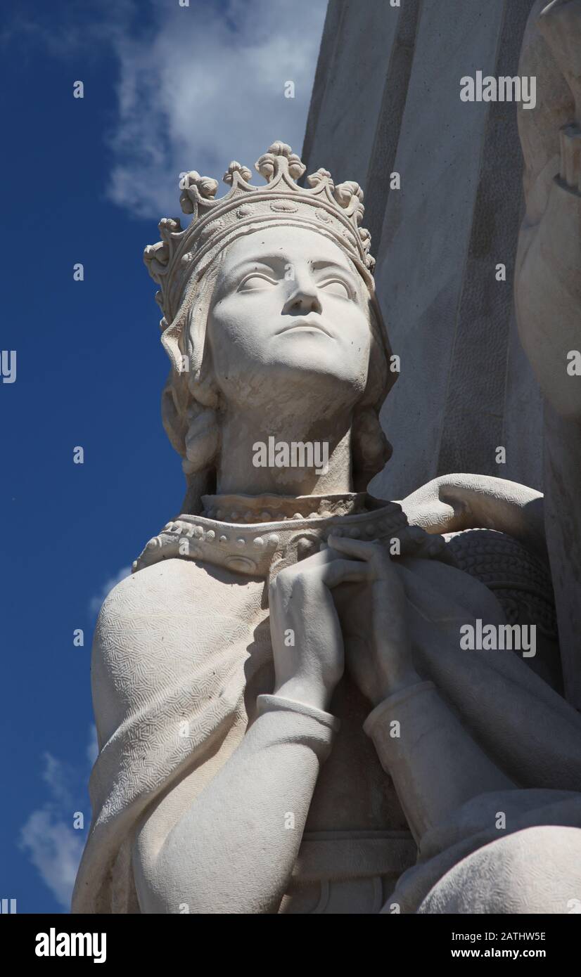 Head of statue of Queen Filipa De Lencastre, Mother of Prince Henry on the Padrao dos Descobrimentos, or Monument of the Discoveries, in Belem, Lisbon Stock Photo