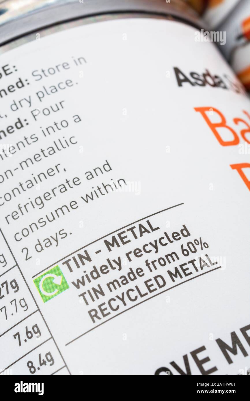 Close up baked bean can label showing package recycling information
