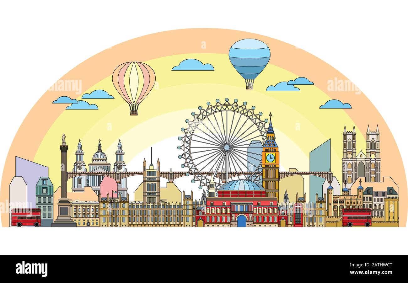 Colorful vector line art set of London landmarks. Skyline vector illustration on sunrise time. Set of vector colorful illustration of attractions of L Stock Vector
