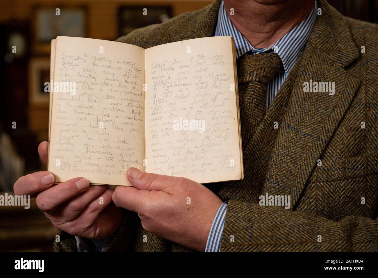 Militaria expert Adrian Stevenson of Hansons Auctioneers holds a battered diary written by a soldier during the Battle of the Somme in the First World War has been discovered in a Midlands barn. Picture date: Monday February 3, 2020. Written in pencil more than a century ago by Private Arthur Edward Diggens, it includes an entry from the first day of the battle - July 1, 1916. Photo credit should read: Jacob King/PA Wire Stock Photo