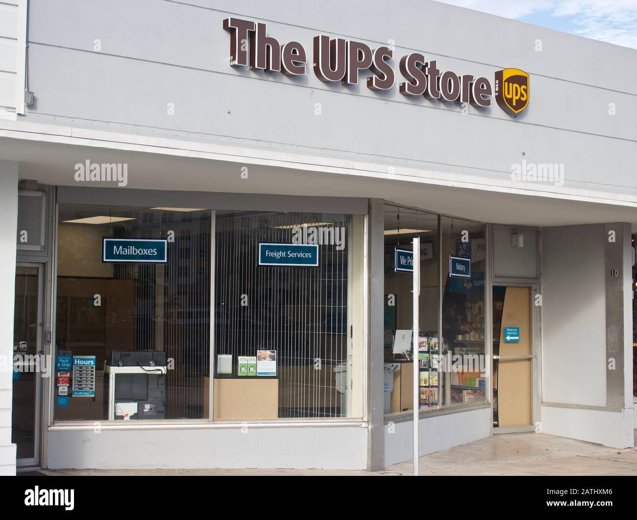 Miami Springs Florida August 17,2019- The UPS Store, Inc. is the world’s largest franchisor of retail shipping, postal, printing and business service. Stock Photo