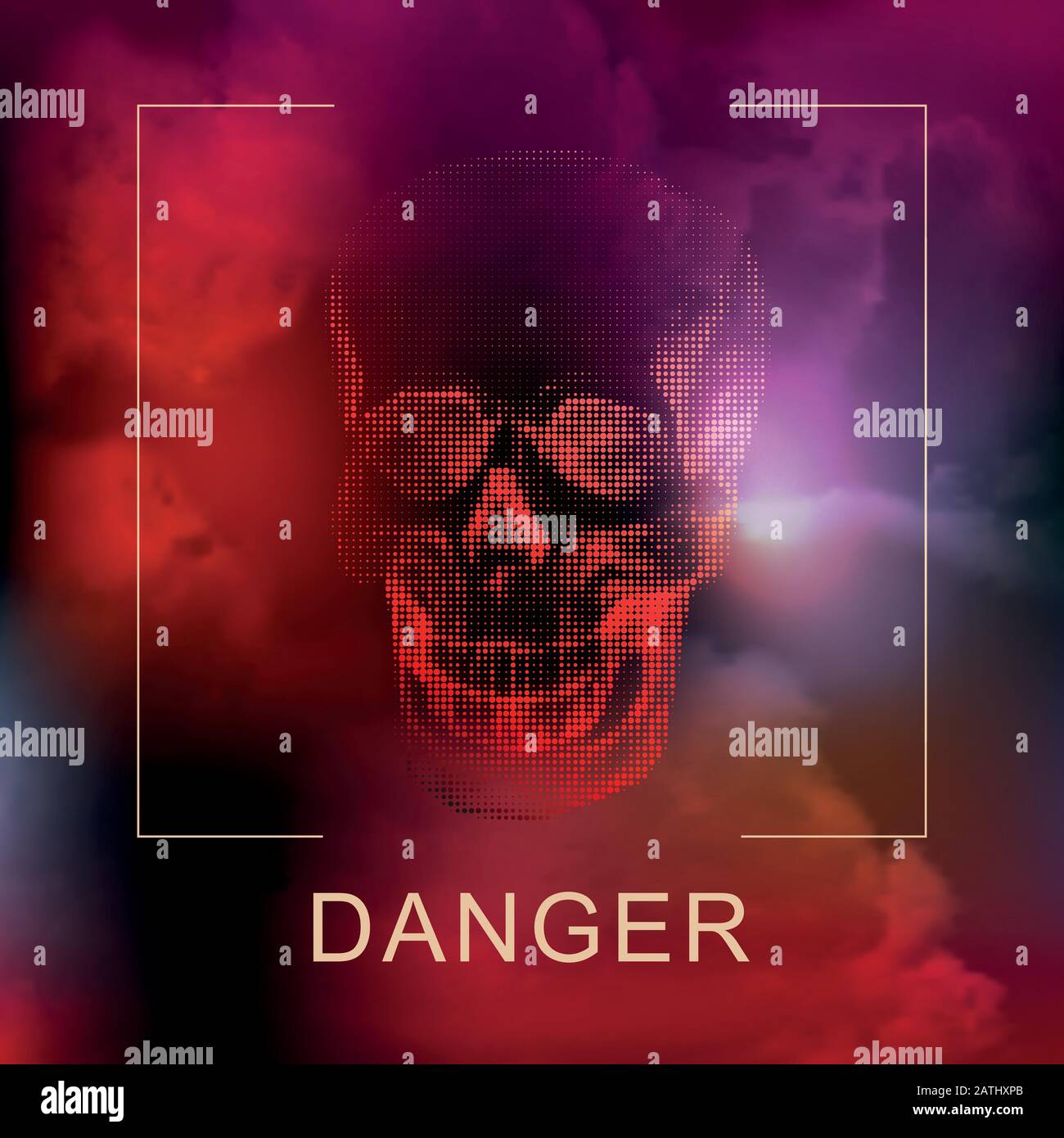 Human skull on danger cloudy sky. Dark red black background. Threat of military conflict Stock Vector