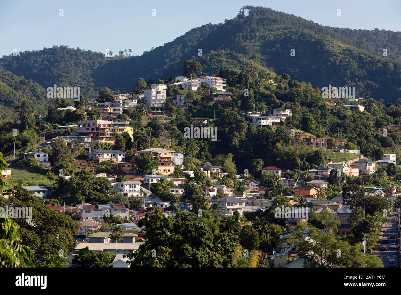 Houses on forested hillside neighborhood, Port of Spain, Trinidad & Tobago Stock Photo