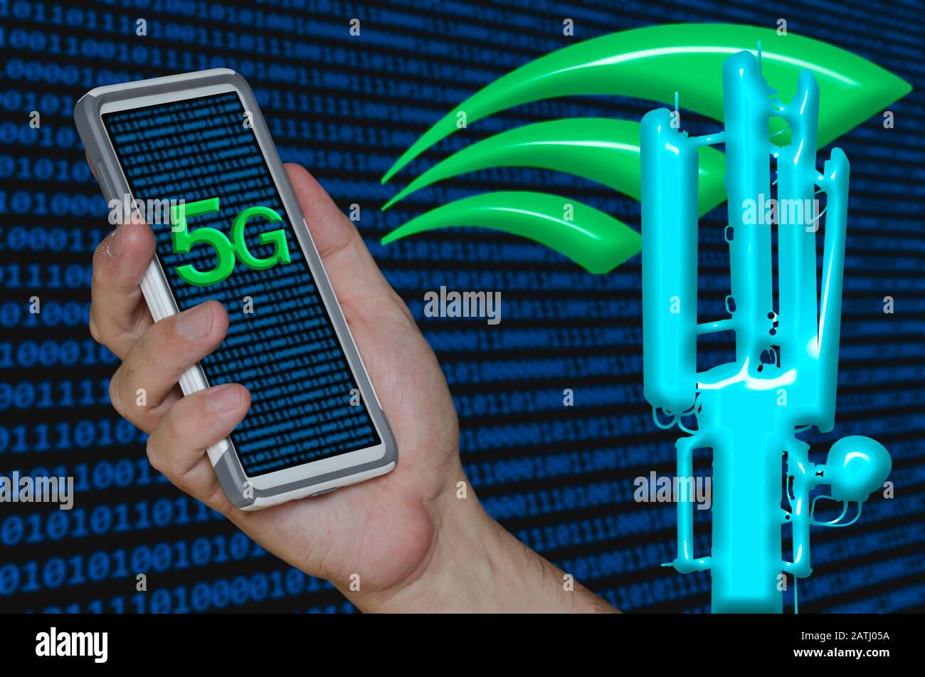 5G concept. Illustration of holding smartphone with 5G logo and antenna, with digital data as a backdrop. 5G wireless data communications technology. Stock Photo