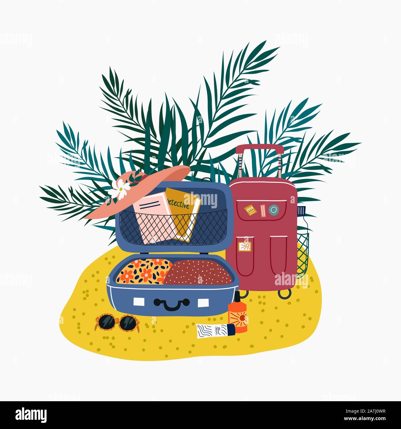 Isolated suitcases, sunglasses, hat and sunscreen on beach sand surrounded by tropical leaves. Vector cartoon illustration Stock Vector