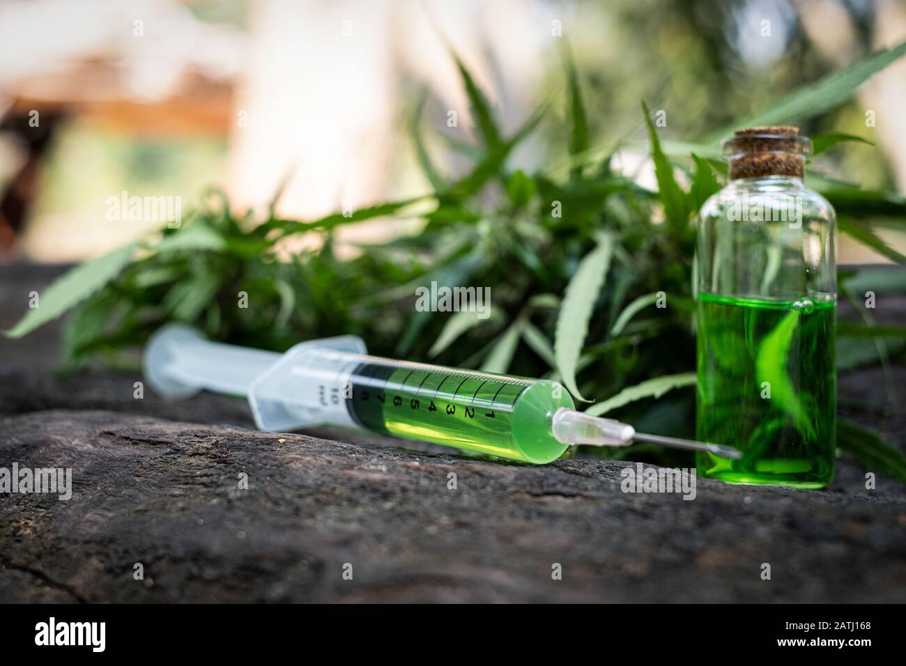 Syringe there is medicine inside on table wood at cannabis leaf background Stock Photo
