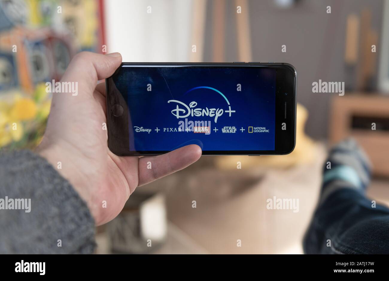 Amsterdam, The Netherlands, 02/03/2020, Disney+ startscreen on  mobile phone. Disney+ online video, content streaming subscription service. Disney plu Stock Photo
